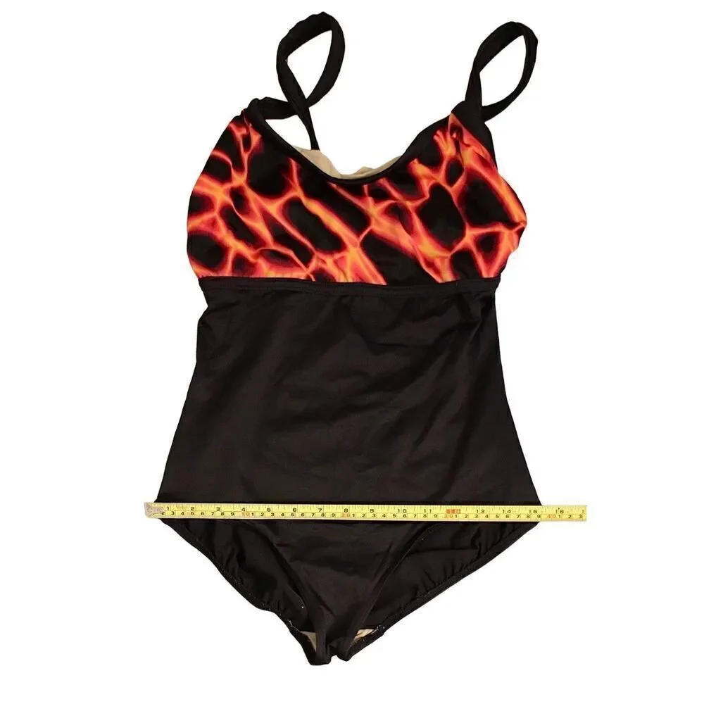 A & H Sportswear On Fire Black‎ Tank 1pc Swimsuit Built in Bra sz MEDIUM (8-10)